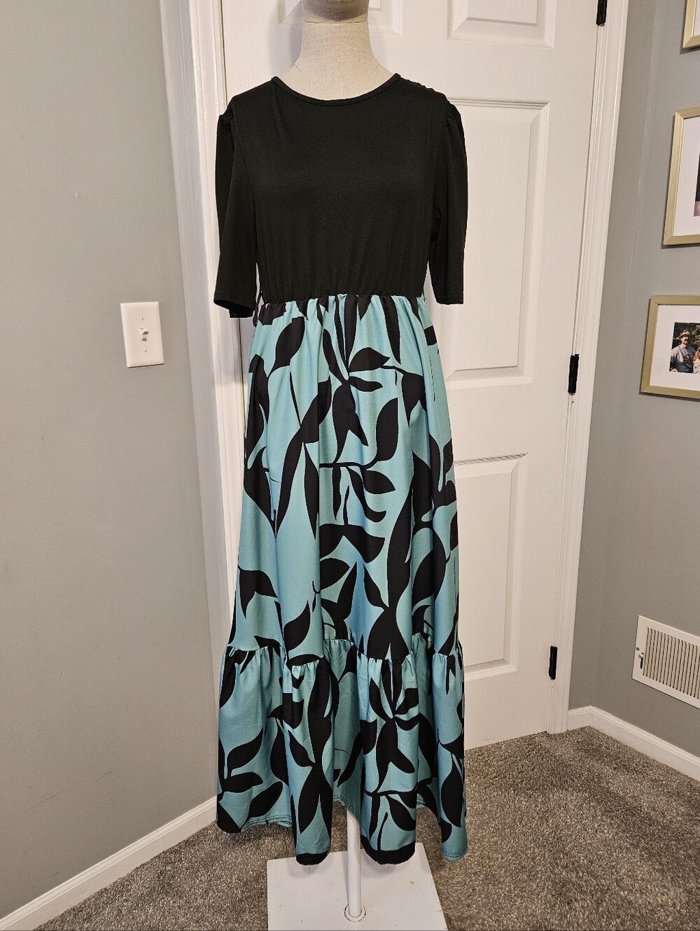 Amazon Black Bodice Teal & Black Floral Maxi Dress